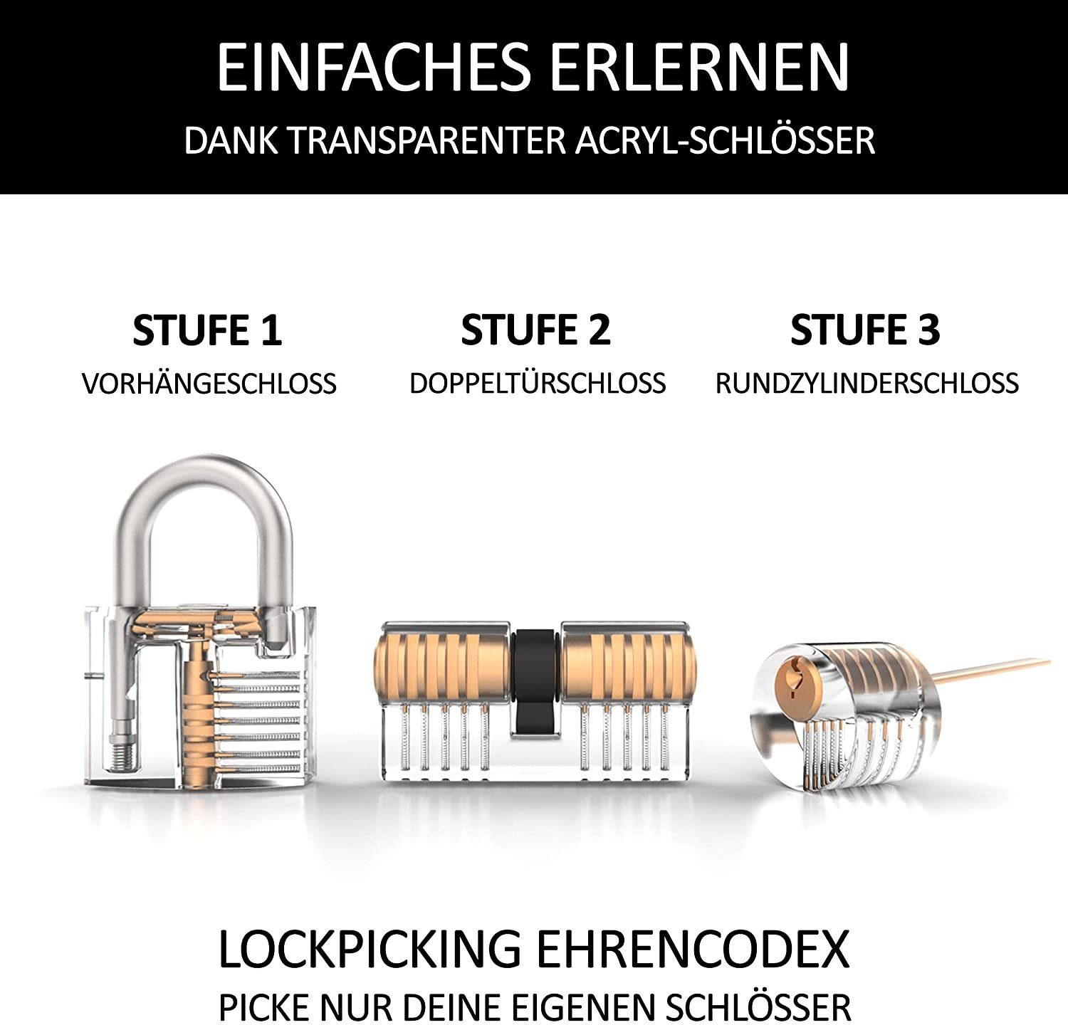 Meistergut Vorhängeschloss Lockpicking Set XXL Profi 24-teilig, 3 Schlösser & Anleitung, (22-tlg., 30 Teiliges Set), Schlüssel entsperren