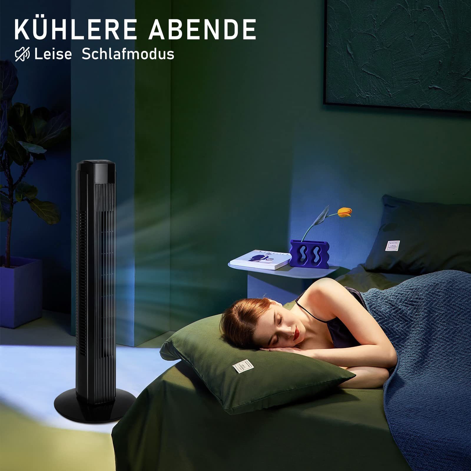 ZMH Turmventilator Schwarz Leise 90° Oszillierender mit Fernbedienung für Schlafzimmer, 80cm mit 3 Geschwindigkeiten Säulenventilator 7.5H Timer
