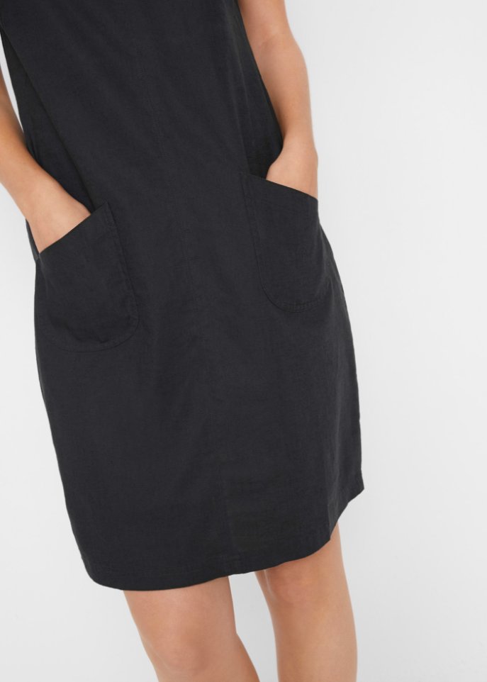 Knielanges Kleid mit Leinen und V-Ausschnitt, Halbarm