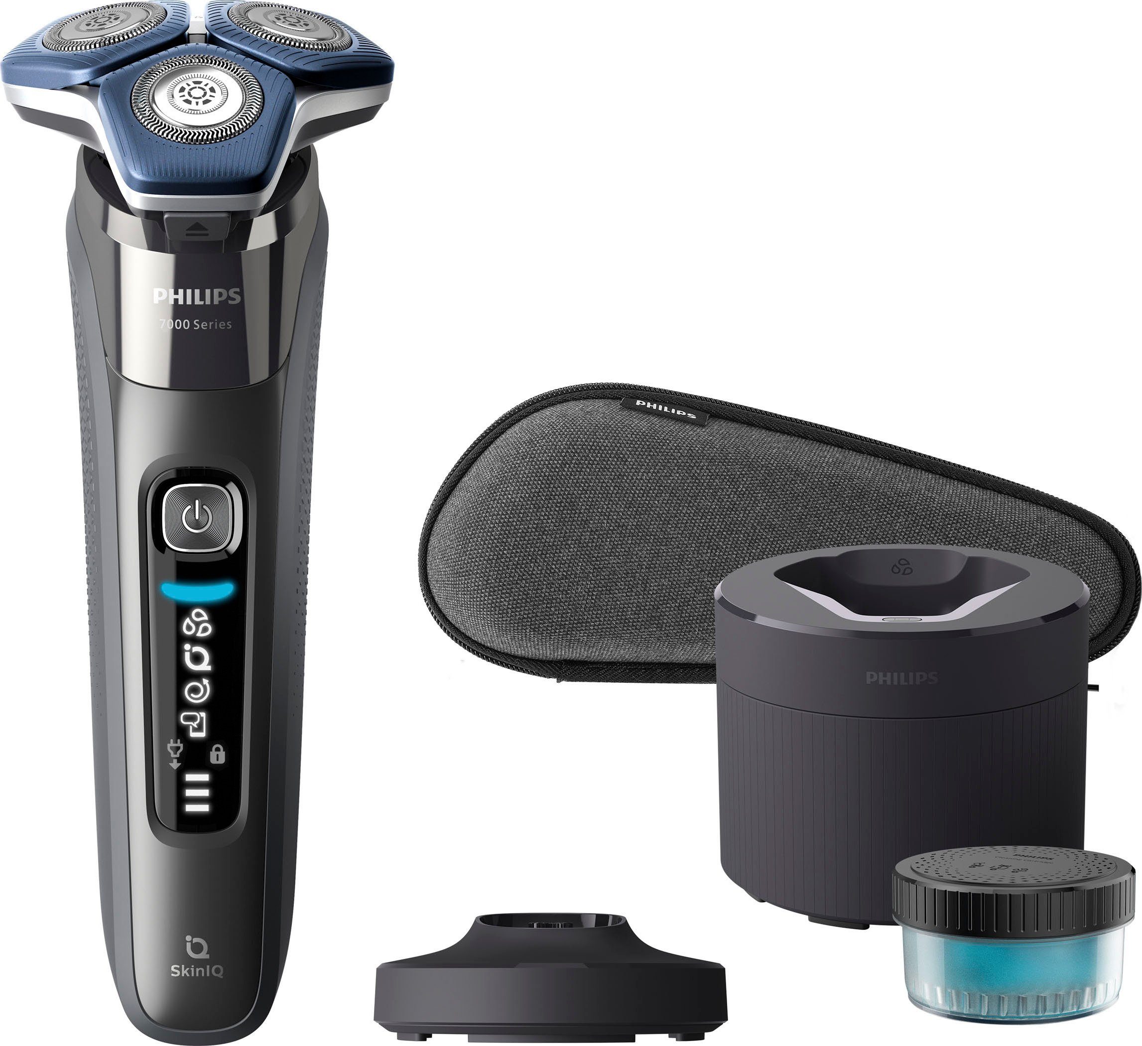 Philips Elektrorasierer Shaver Series 7000 S7887/55, Reinigungsstation, ausklappbarer Präzisionstrimmer, 1 Reinigungskartusche, Etui, Ladestand, mit SkinIQ Technologie