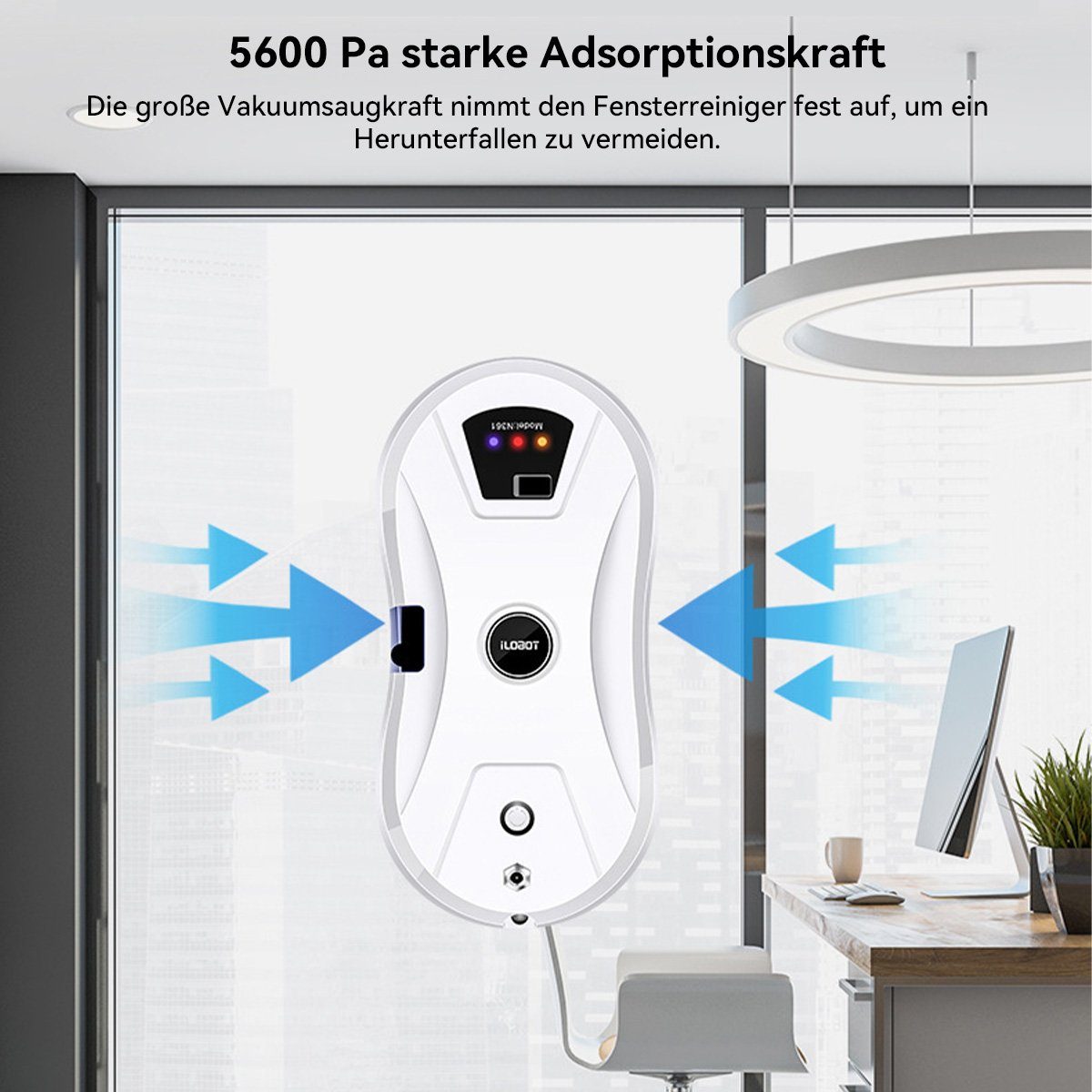 Hikeren Fensterputzroboter Fensterreiniger Roboter,Fenstersauger,5600Pa,Mit 30 ml Wassertank, Mehrfachschutz, Sicherheitsseil, USV-Stromausfallschutz