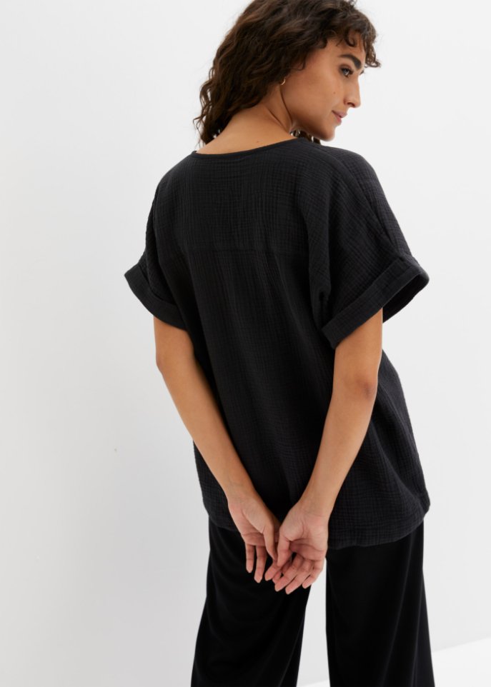 Musselin-Bluse mit Knopfleiste und Tasche