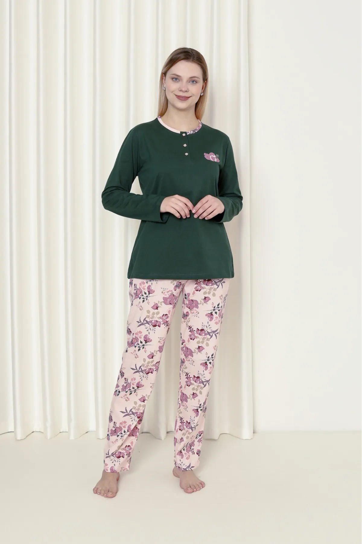 AHENGİM  Damen-Pyjama-Set für Damen, Single-Jersey, langärmelig, Blumenmuster, Baumwolle, saisonal, W20242241