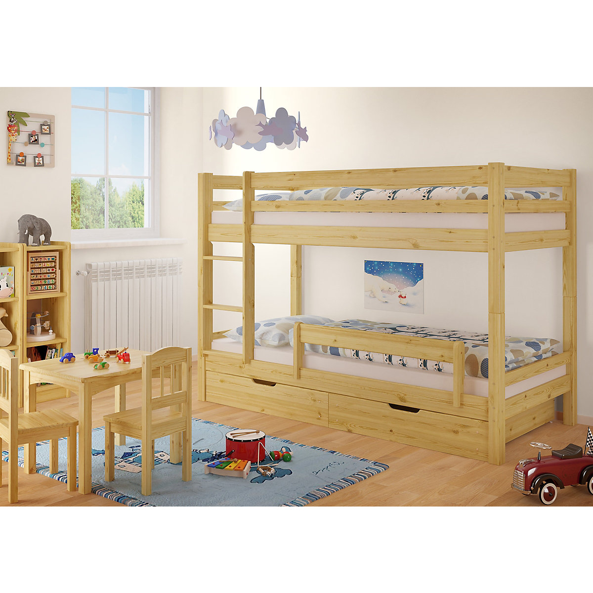 Kinderetagenbett 90x200 Kiefer in Natur + 2 Rollrost