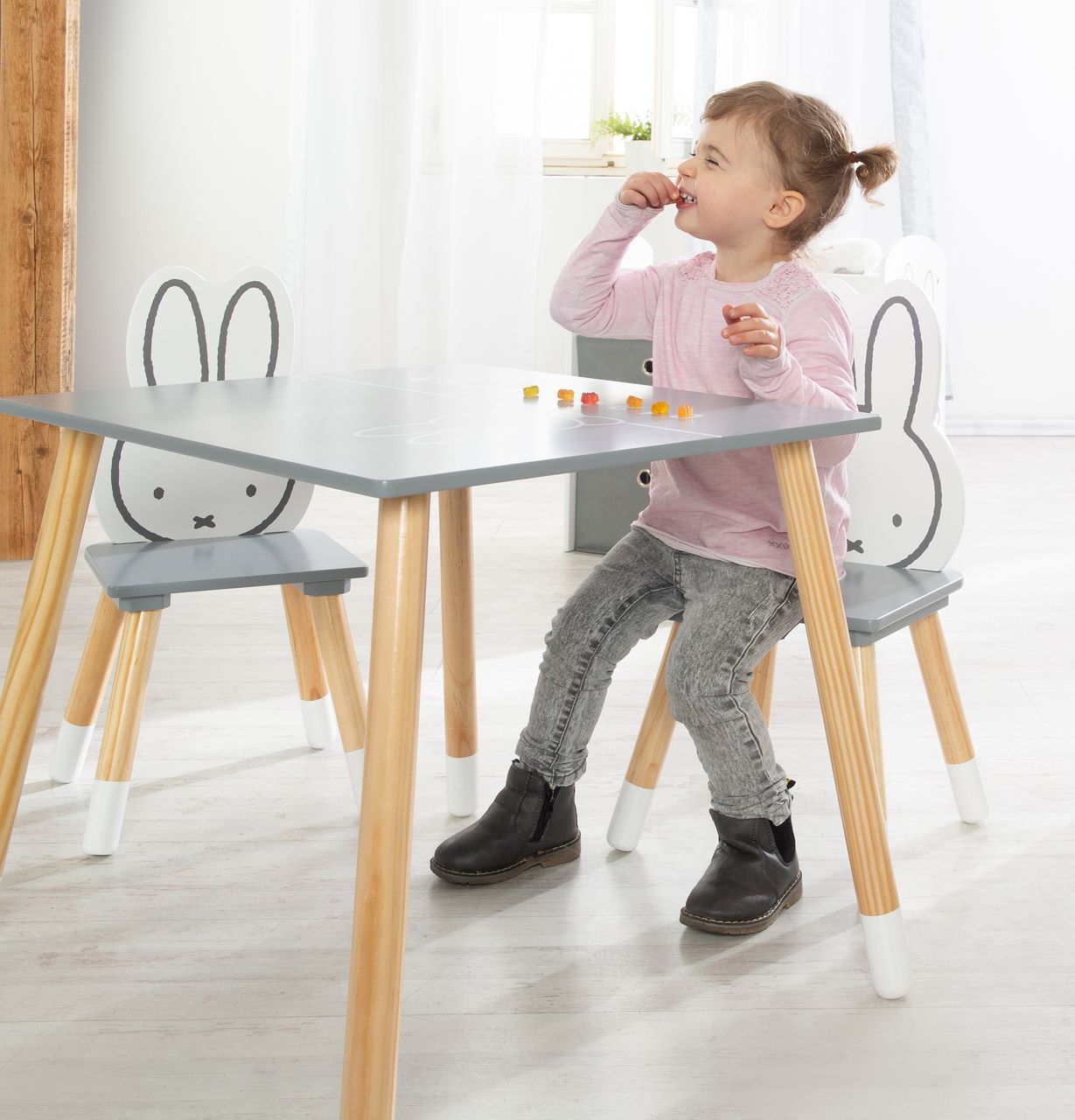 Roba Kinder Sitzgruppe miffy®, 2 Kinderstühlen & 1 Tisch, Holz, dunkelgrau, weiß, lackiert