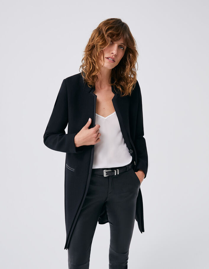 Manteau mi-long noir double col enduit femme
