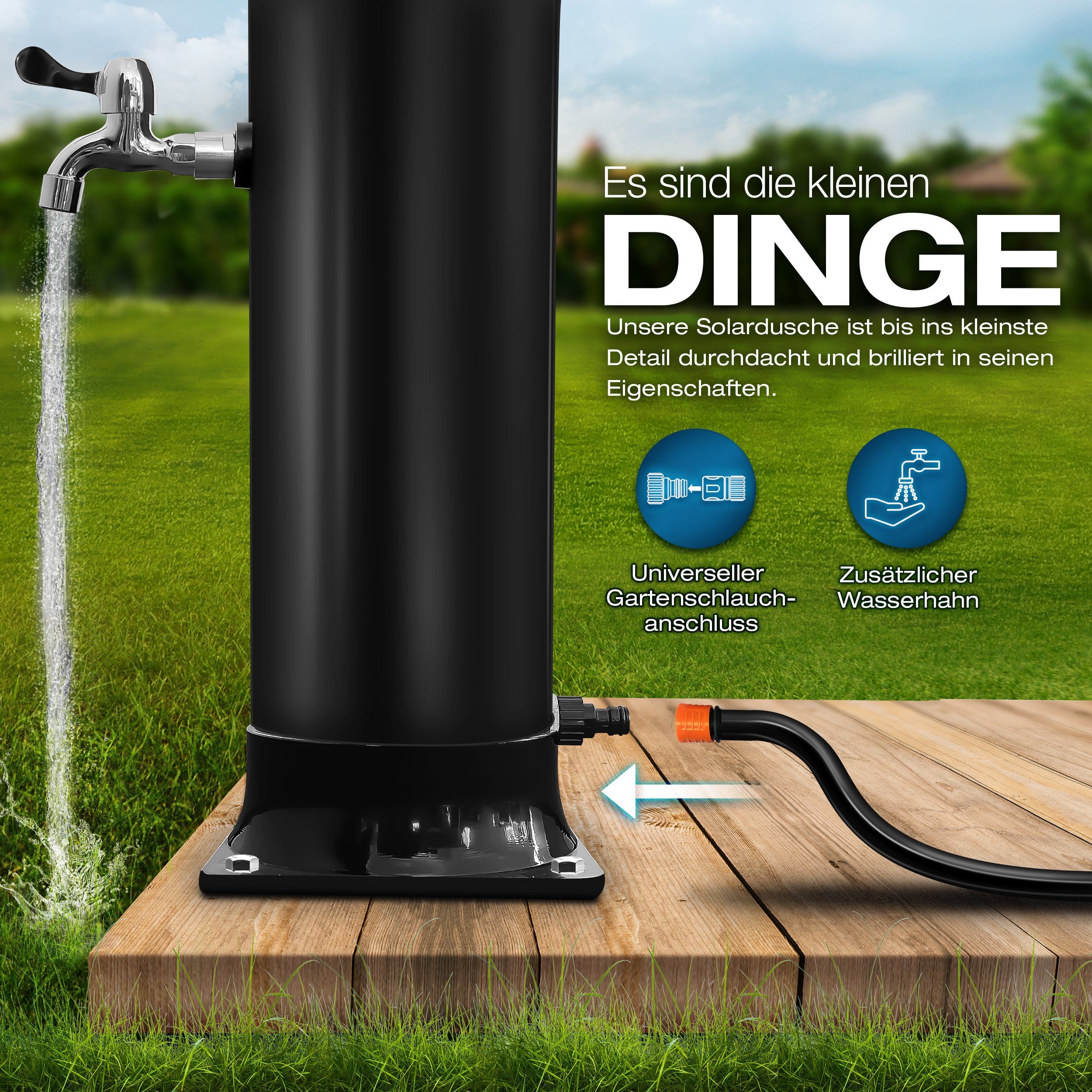 tillvex Solardusche Solar Gartendusche 20 Liter inklusive Schutzhaube Solar Garten-dusche, warmes Wasser, Pooldusche Camping, ohne Stromanschluss