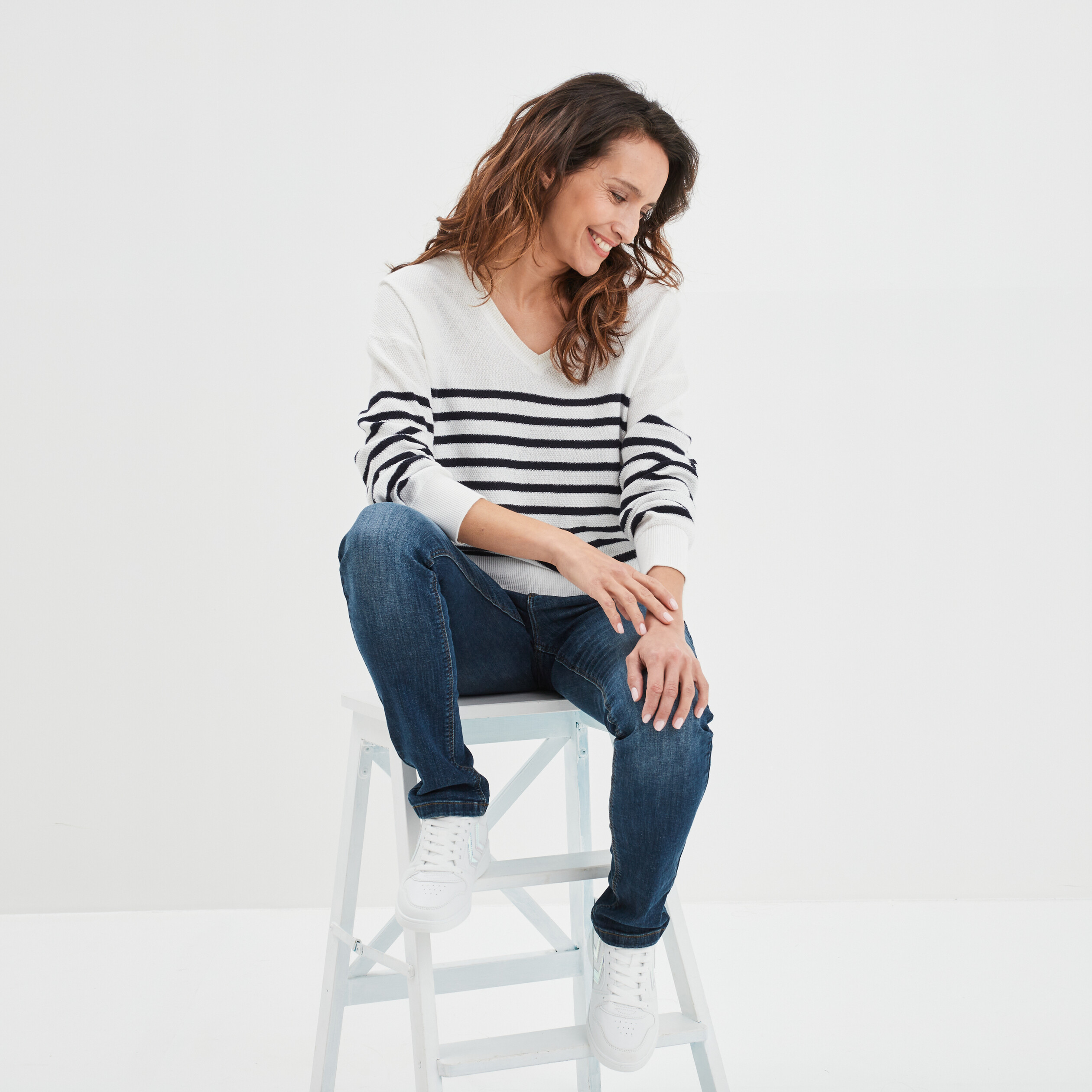 Pull gilet recto-verso col en V ecru femme | La Halle