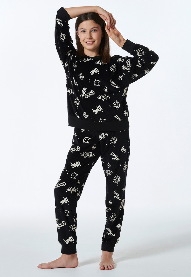 Schlafanzug lang Velour Graffiti schwarz - Nightwear