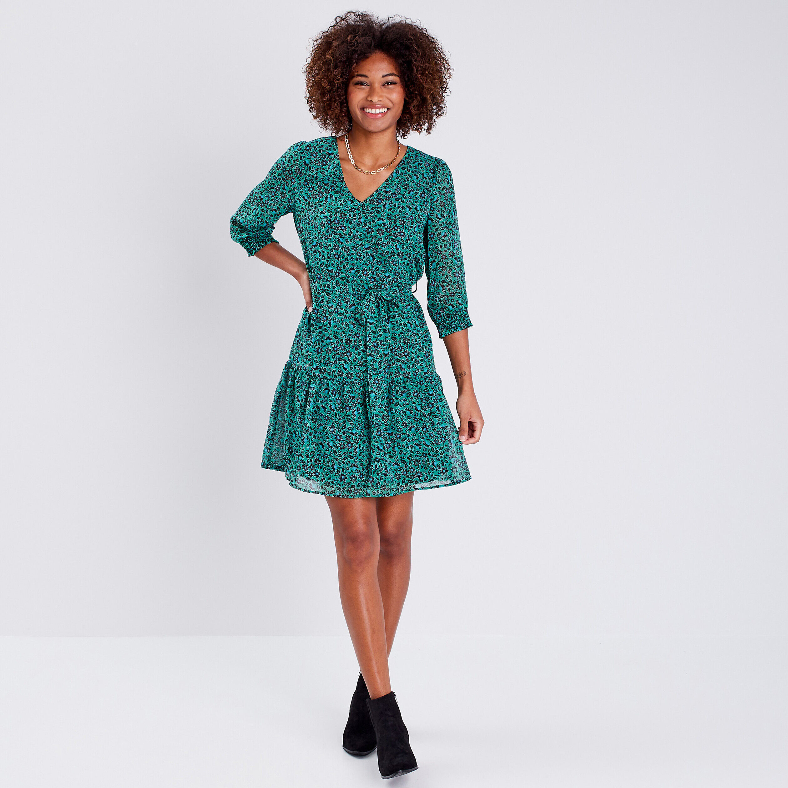 Robe évasée ceinturée vert femme | Cache Cache