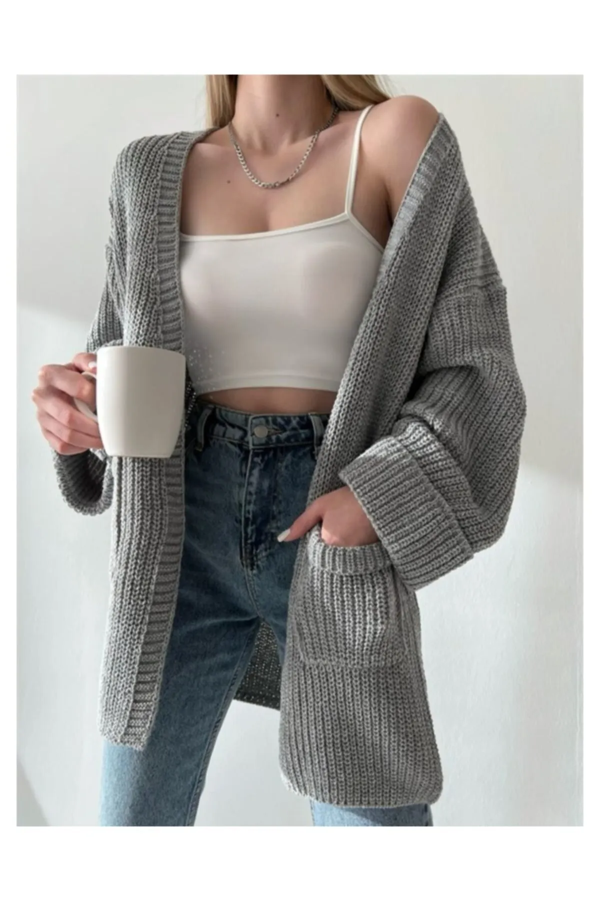 Nazende Stil  Lose Strick-Cardigan für Damen mit gefalteten Ärmeln und Taschen