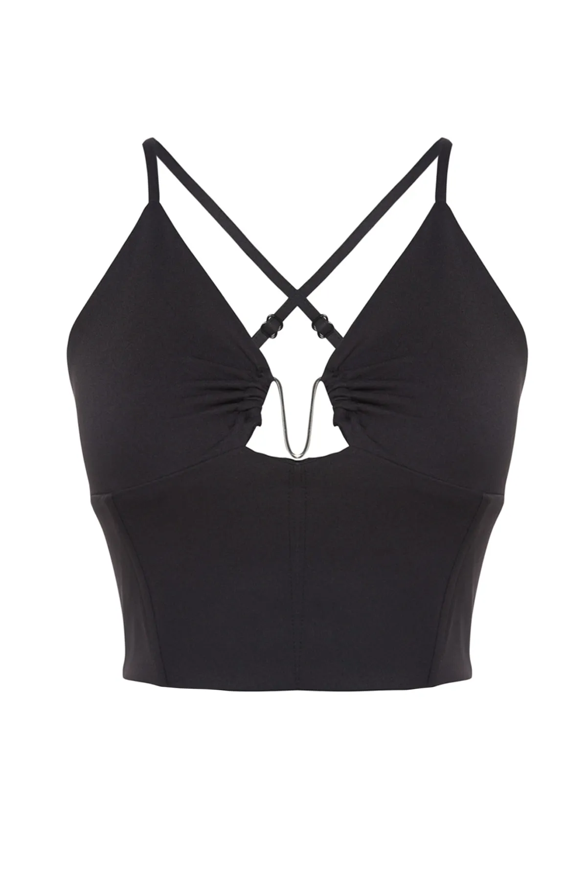 Trendyol Collection  Schwarzes, bauchfreies, gefüttertes Bustier mit gewebten Accessoires und Fenster-/Ausschnittdetail TPRSS23BS00028