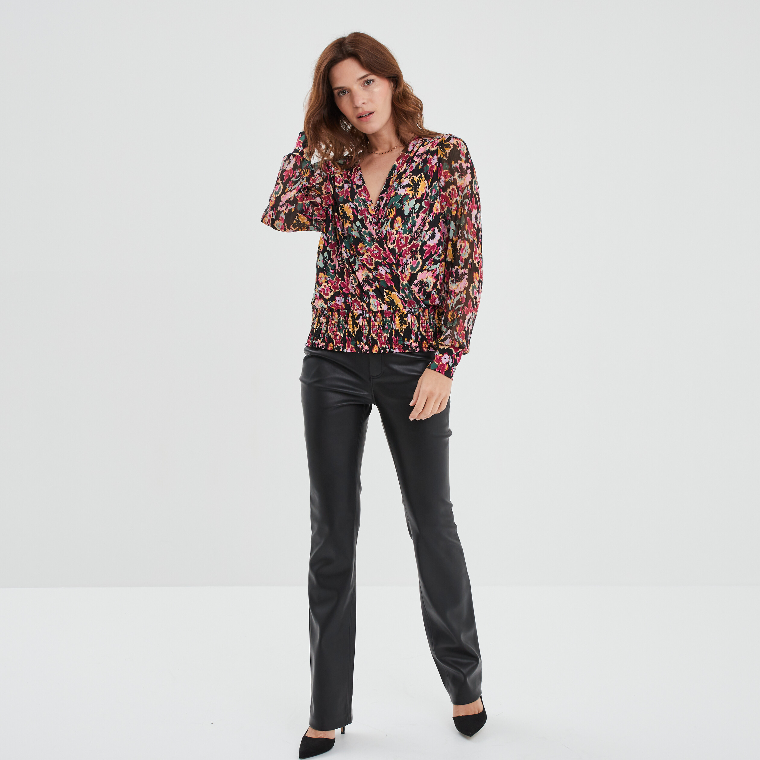 T-shirt col cache-coeur manches longues noir femme | La Halle