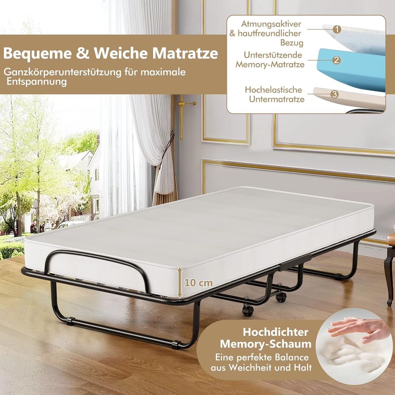 Costway 80x190cm Gästebett mit 10cm Dicker Memoryschaum-Matratze