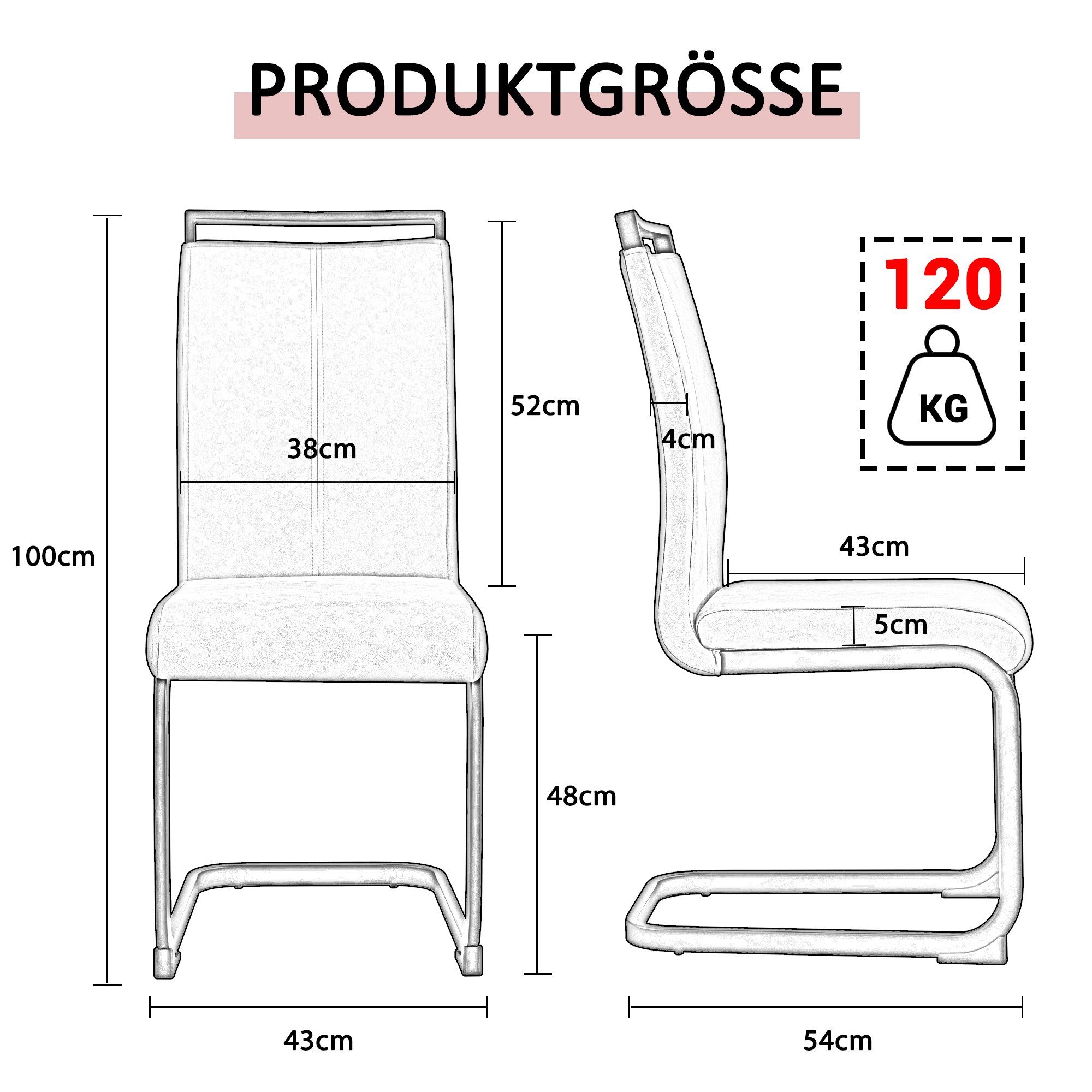 Flieks Freischwinger (4 St), 4er Set Esszimmerstuhl Kunstleder Polsterstuhl Schwingstühle