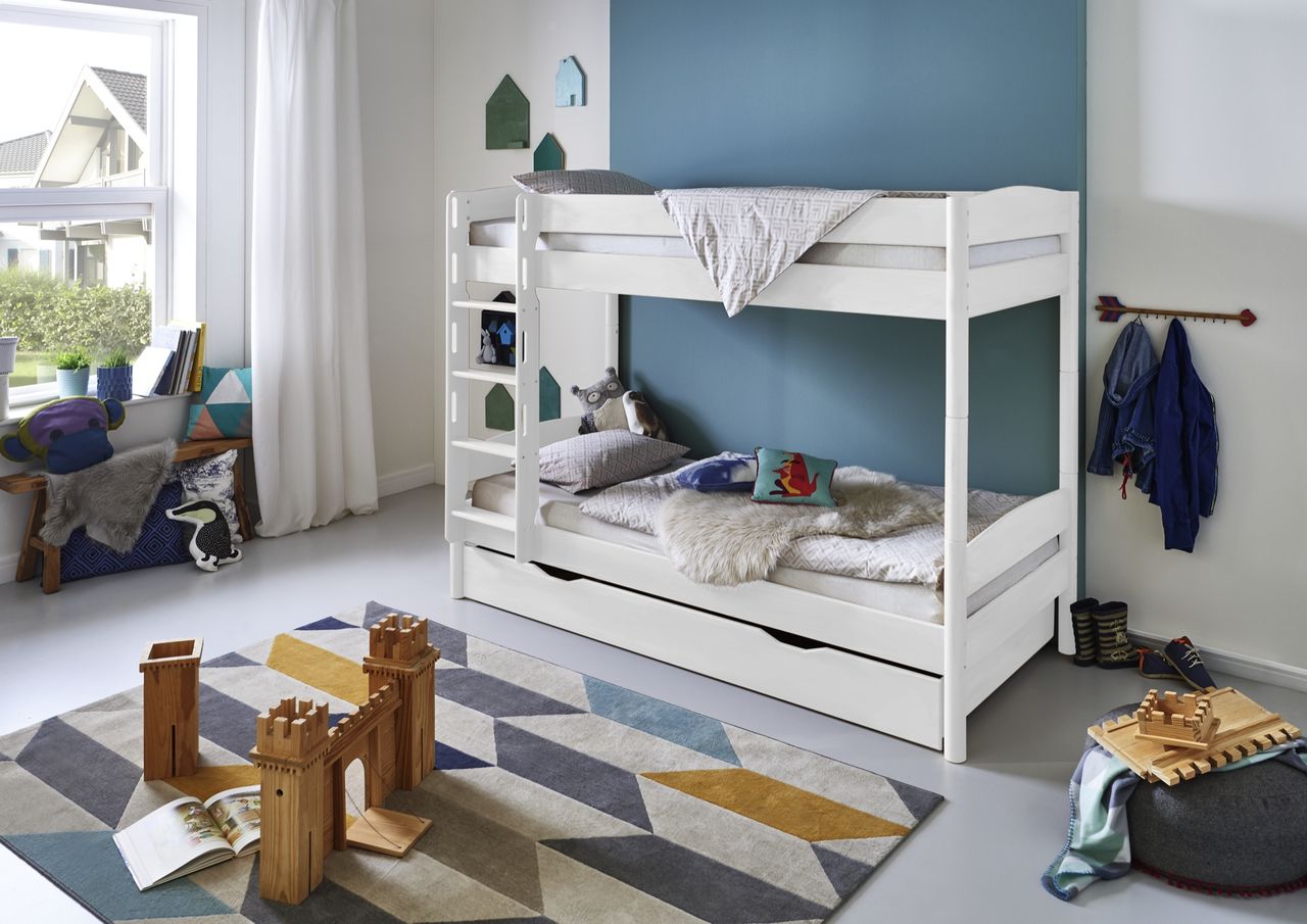 Relita Etagenbett MICHELLE 90x200 cm mit Bettschublade, Buche weiß lackiert, inkl. Rolllattenrost
