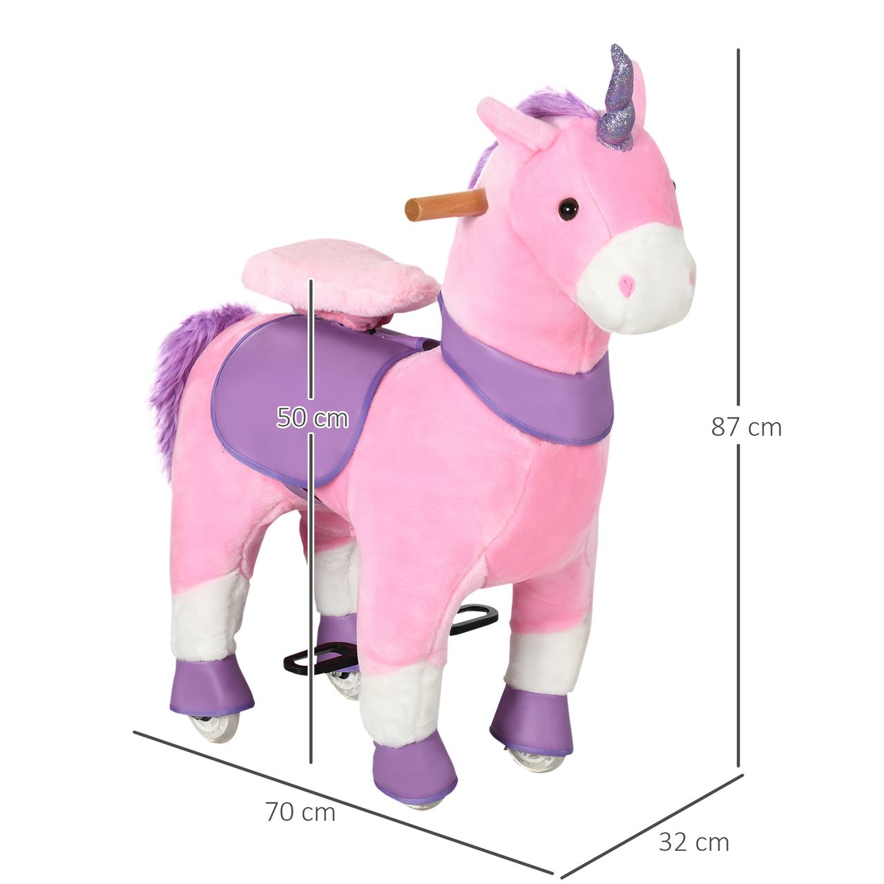 HOMCOM Reitpferd, Einhorn Stehpferd auf Rollen, Stehpferd mit 2 Pedalen, Rosa