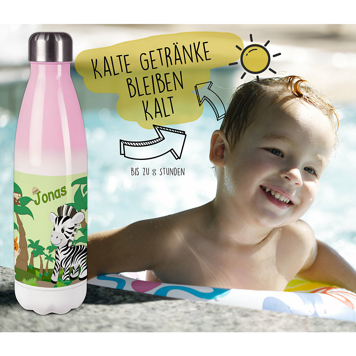 Edelstahl Kinder Thermoflasche / Trinkflasche bunt Safari-Zebra Spülmaschinenfest, Auslaufsicher, Bruchfest, Doppelwandig, Für Heißgetränke geeignet, Mit Deckel, Isoliert