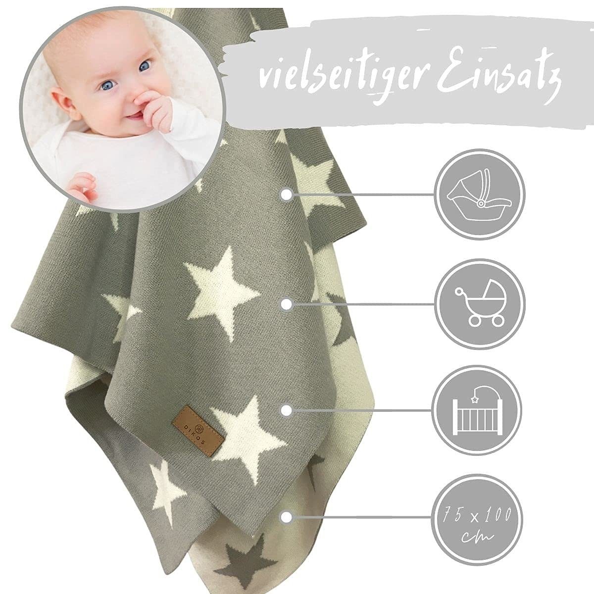 Babydecke DIKOS Babydecke Baumwolle, 100% BIO Neugeborenen Baby Decke, DIKOS, Größe 75x100 cm, atmungsaktiv, nachhaltig, plastikfrei, kuschelweich