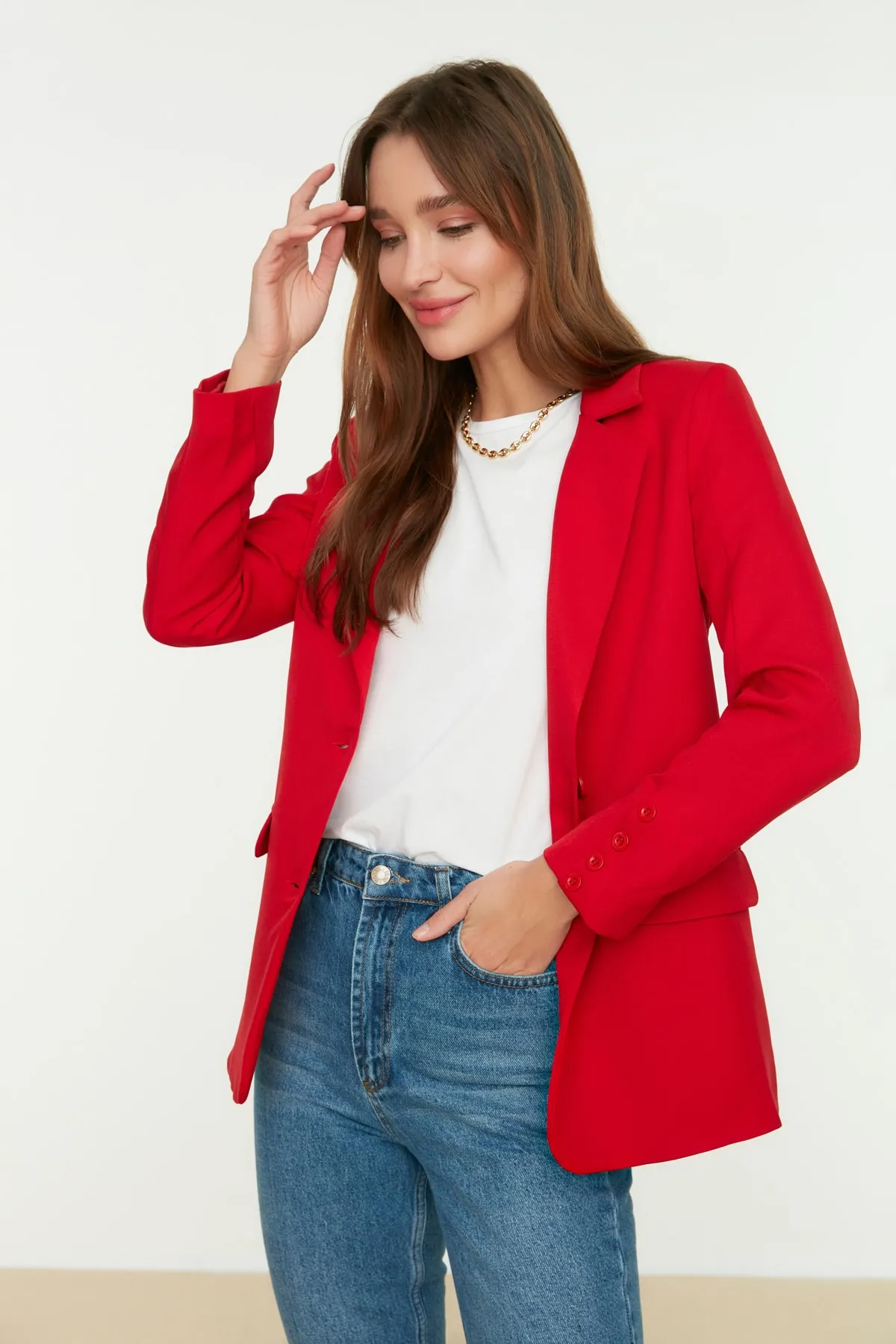 Trendyol Collection  Roter, normal gefütterter, gewebter Blazer mit Knöpfen TWOAW22CE0165