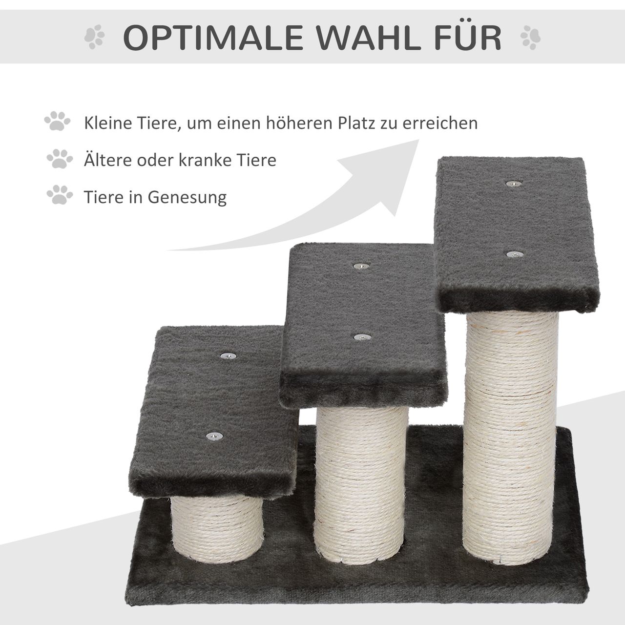 PawHut Tiertreppe Katzentreppe 3 Stufen Hundetreppe Treppe für Katze und Hunde Plüsch Dunkelgrau 45 x 35 x 34 cm