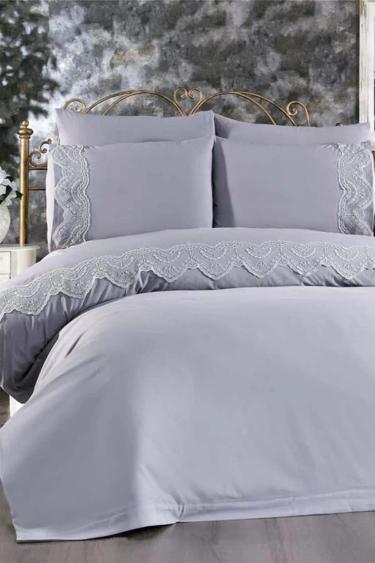 Çeyiz Diyarı  Französisches Spitzen-Hanzade-Mitgift-Bettbezug-Set in Grau