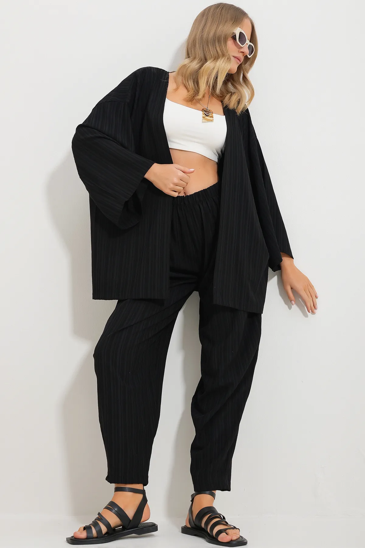 Trend Alaçatı Stili  Damen-Kimono-Jacke mit lockerer Passform, gewebt, Schwarz, Doppelanzug, Alc-X11694
