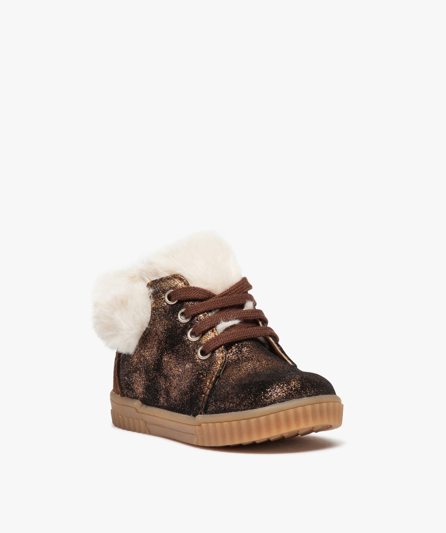Baskets bébé fille mid-cut en cuir métallisé et col four... marron | GEMO