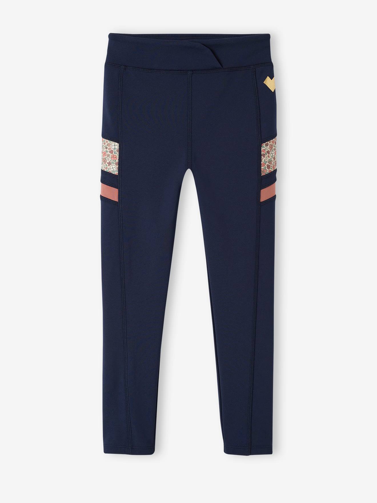 Legging sport en matière technique fille détails côtés fantaisie marine