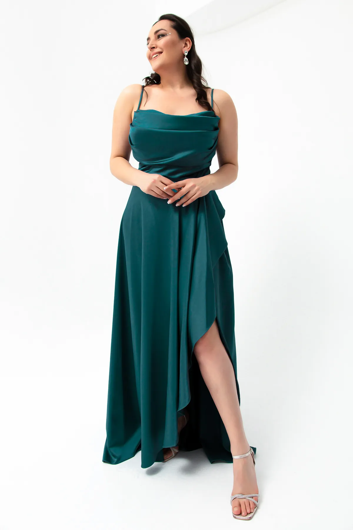 Lafaba  Abendkleid für Damen, Petrol, Volant, Schlitz, Übergröße, Satin, Abschlusskleid