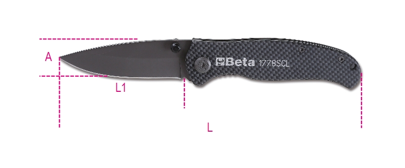 Beta 017780089 1778SCL Klappmesser mit weicher, kohlenstoffähnlicher Oberfläche und gehärteter Stahlklinge. In Scheide.