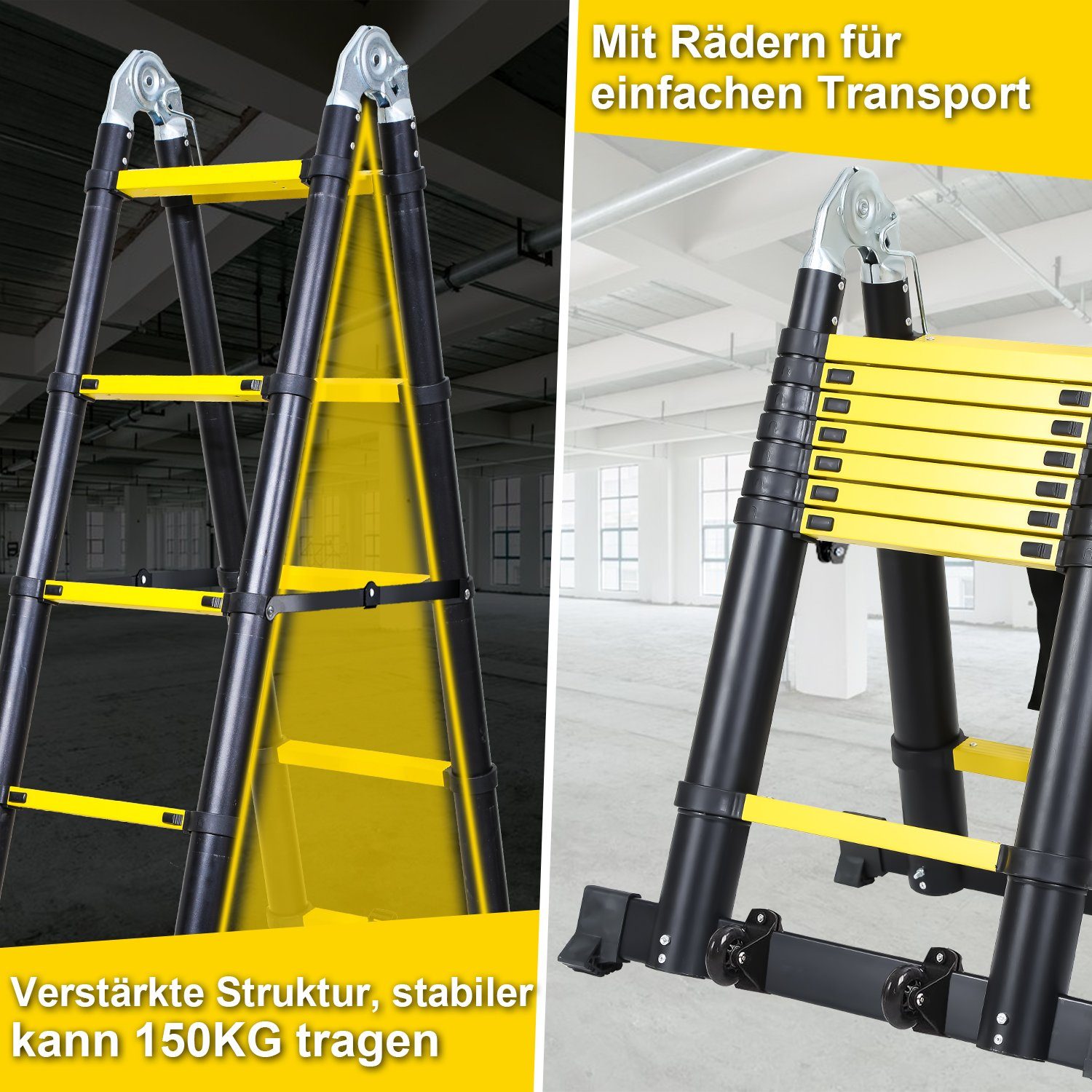 Lospitch Teleskopleiter Teleskopleiter Alu 2.5+2.5m mit Stabilisator Rädern Anlegeleiter