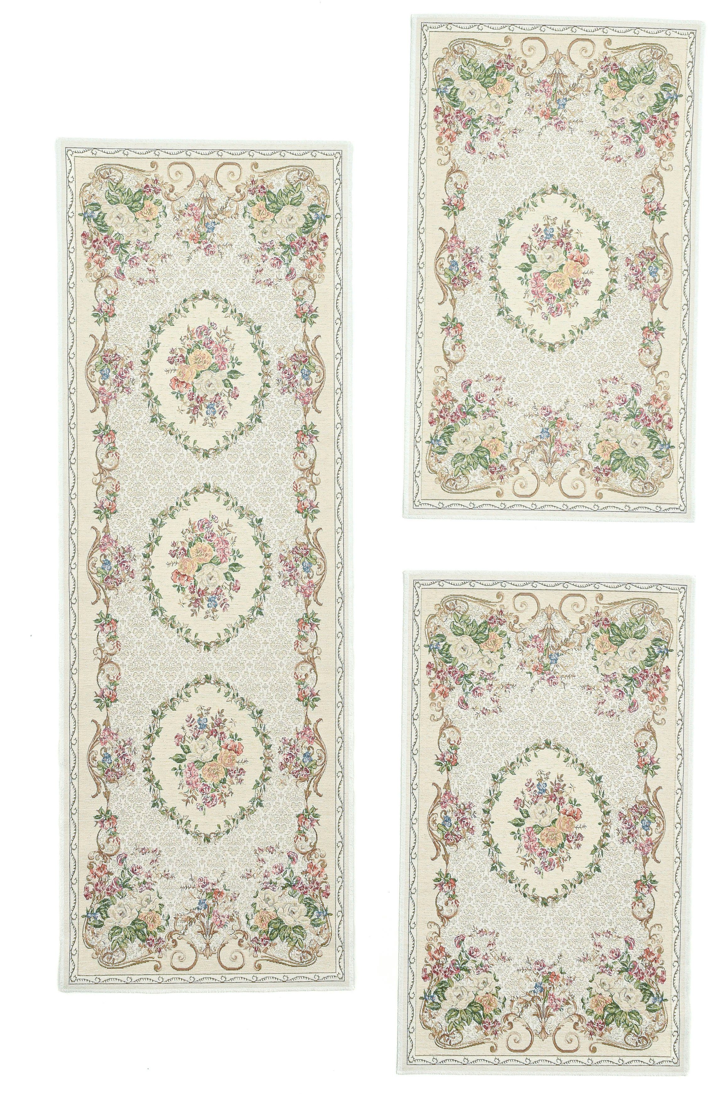 Bettumrandung Flomi Floral THEKO, Höhe 3 mm, (3-tlg), Bettvorleger, Läufer-Set für das Schlafzimmer, gewebt, Blumen Design