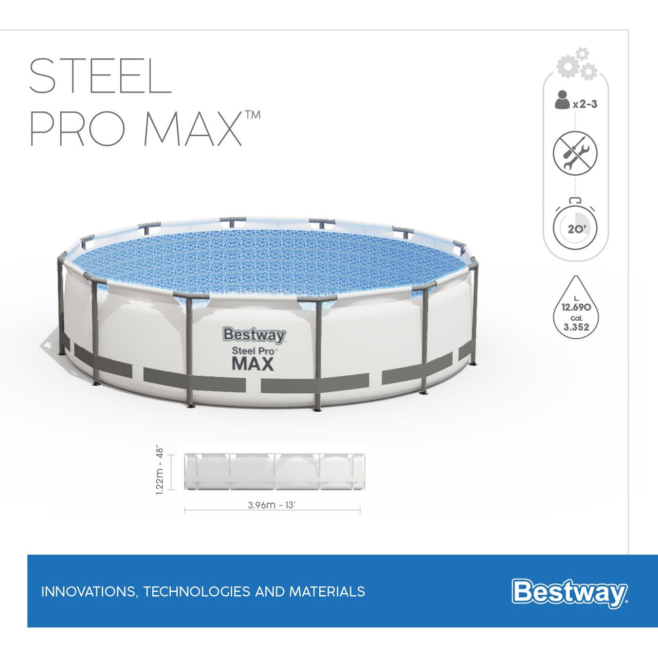 Bestway Steel Pro MAX™ Frame Pool Komplett-Set mit Filterpumpe Ø 396 x 122 cm, lichtgrau, rund