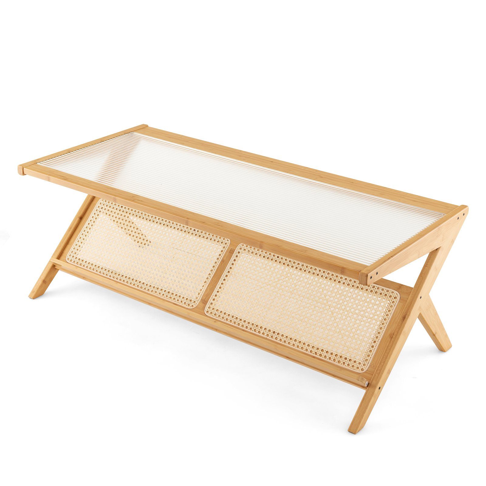 COSTWAY Couchtisch, mit Glastischplatte&Rattan-Ablagefach, Bambus, rechteckig