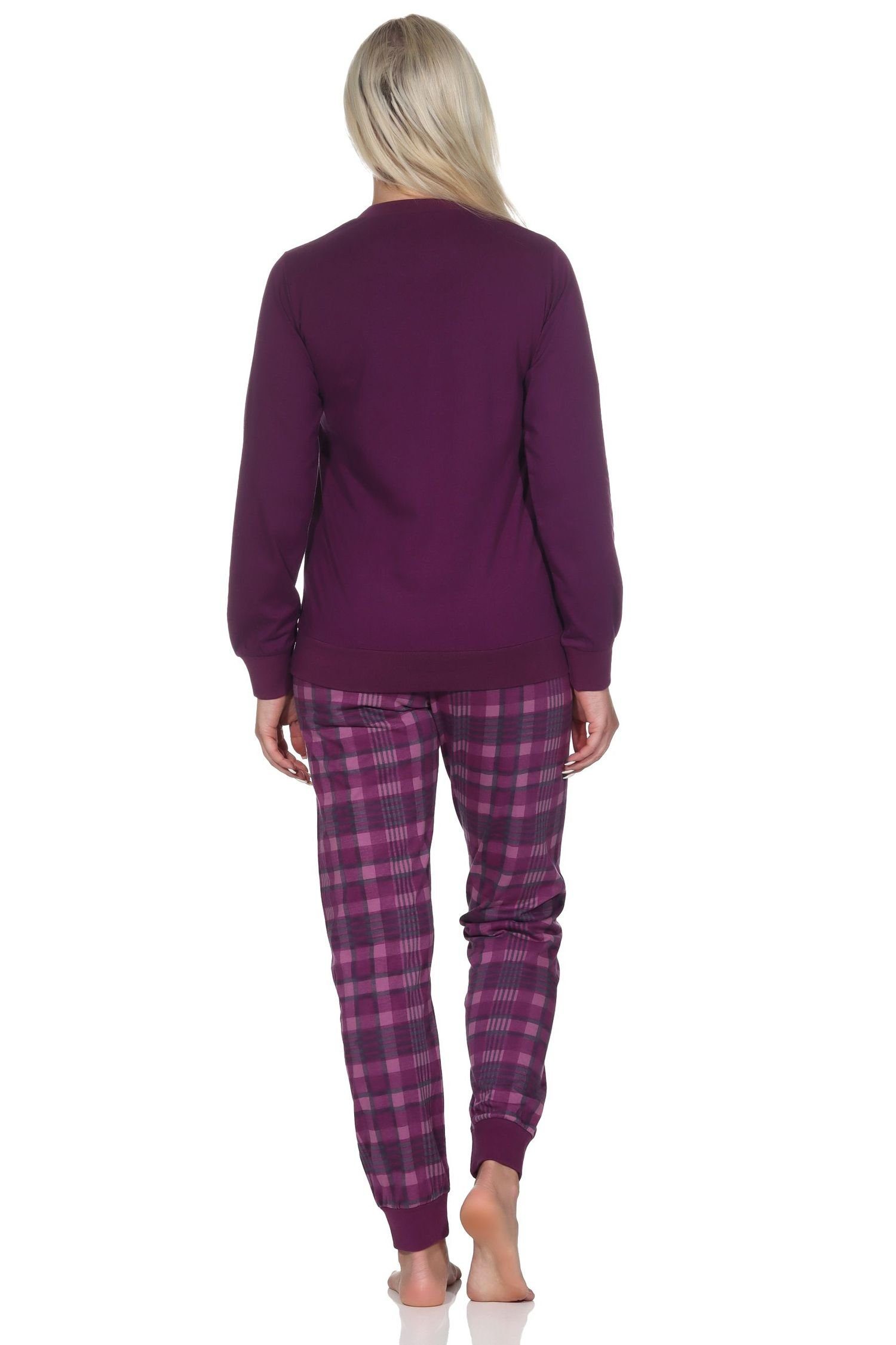 Normann Pyjama Normann Damen Schlafanzug mit Bündchen mit karierter Jersey Hose