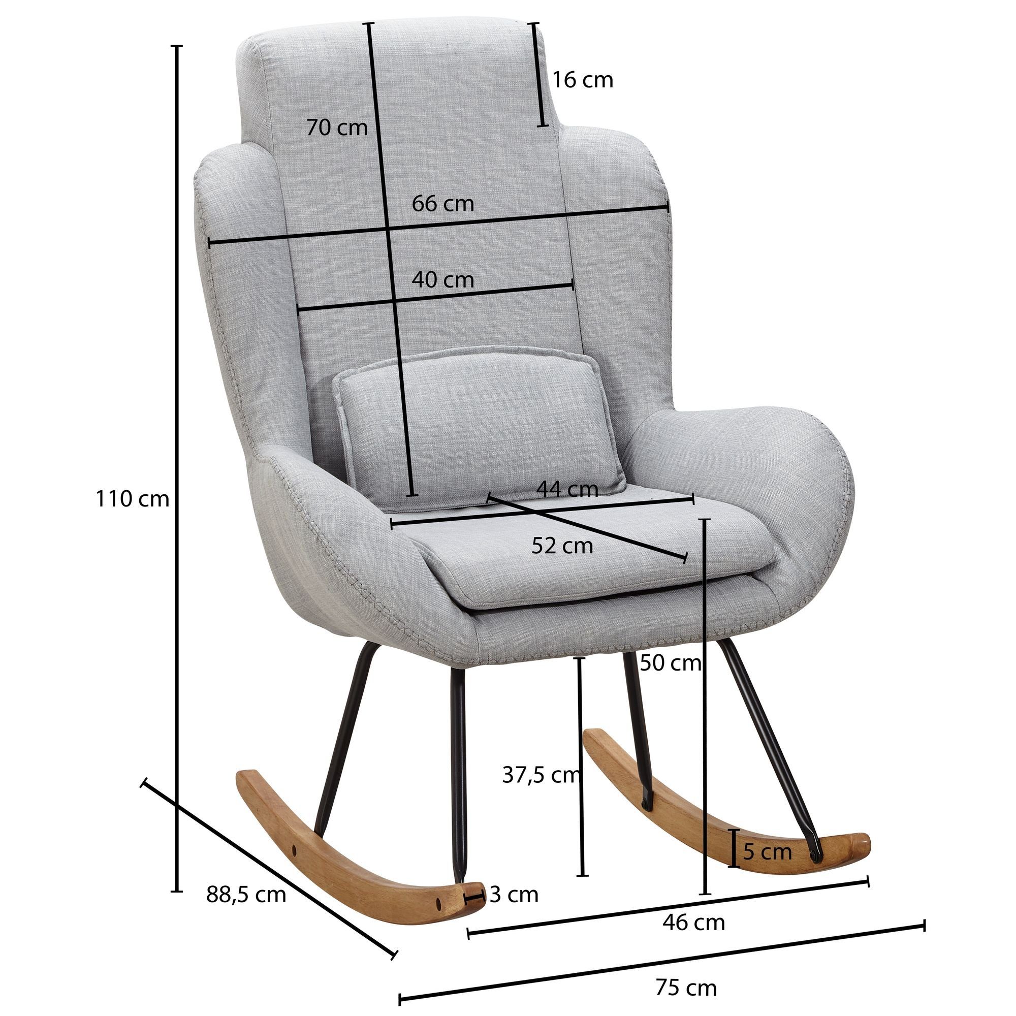 FINEBUY Schaukelstuhl SuVa14311_1 (CAPRI Grau, Stoff Relaxsessel 75 x 110 x 88,5 cm), Schwingsessel Relaxstuhl, Moderner Schwingstuhl