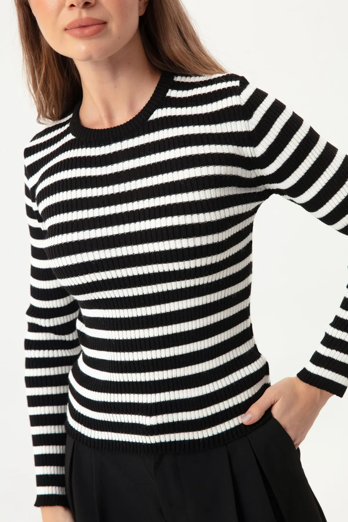 Lafaba  Schwarz gestreifter, gerippter Lycra-Strickpullover für Damen