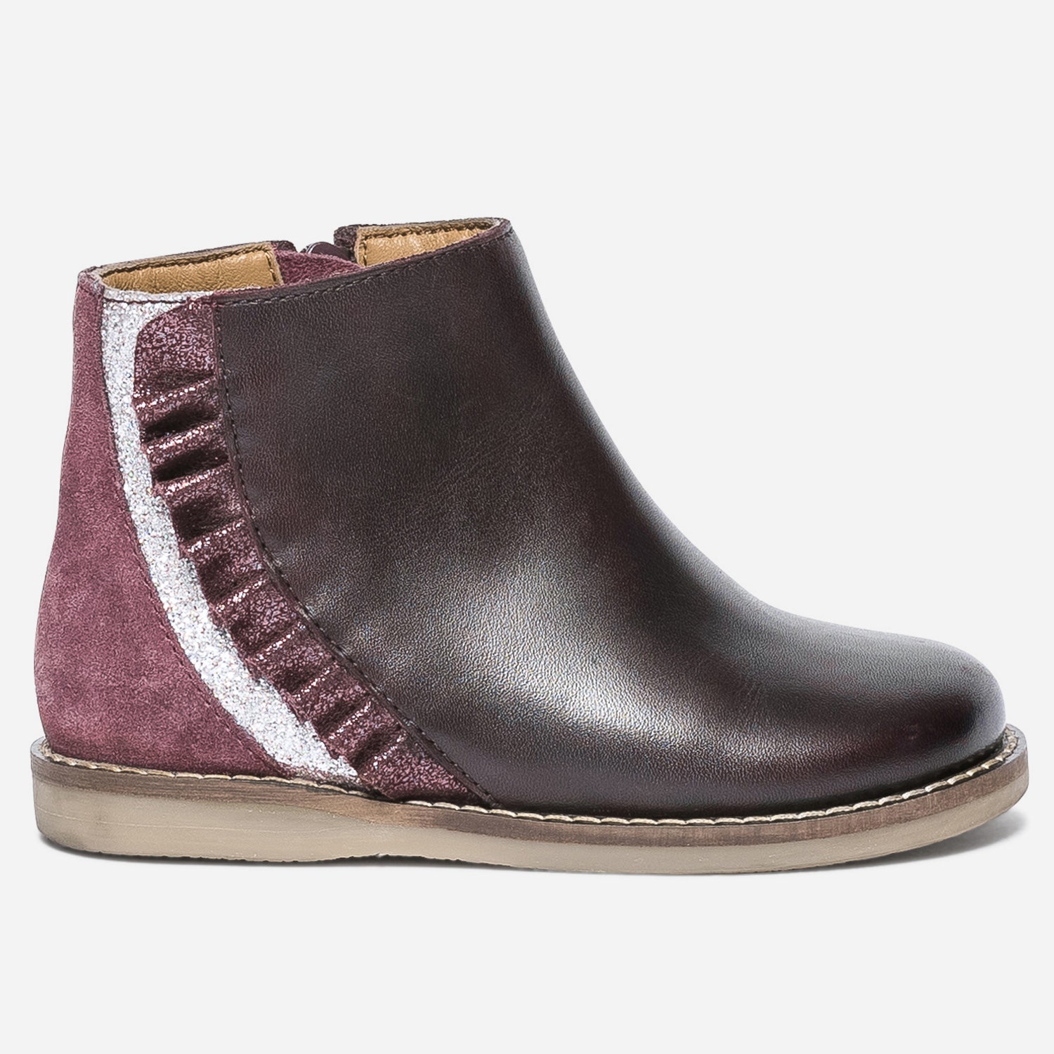 Boots prune en cuir à volant