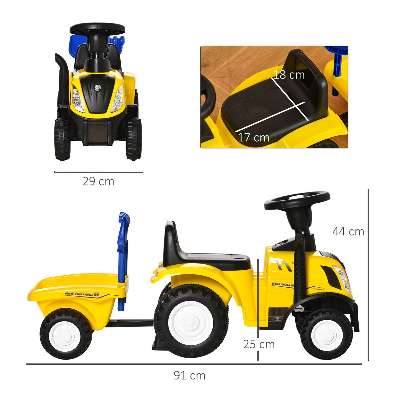 HOMCOM Kinderfahrzeug Laufhilfe mit Anhänger, Hupe Kunststoff Metall Gelb