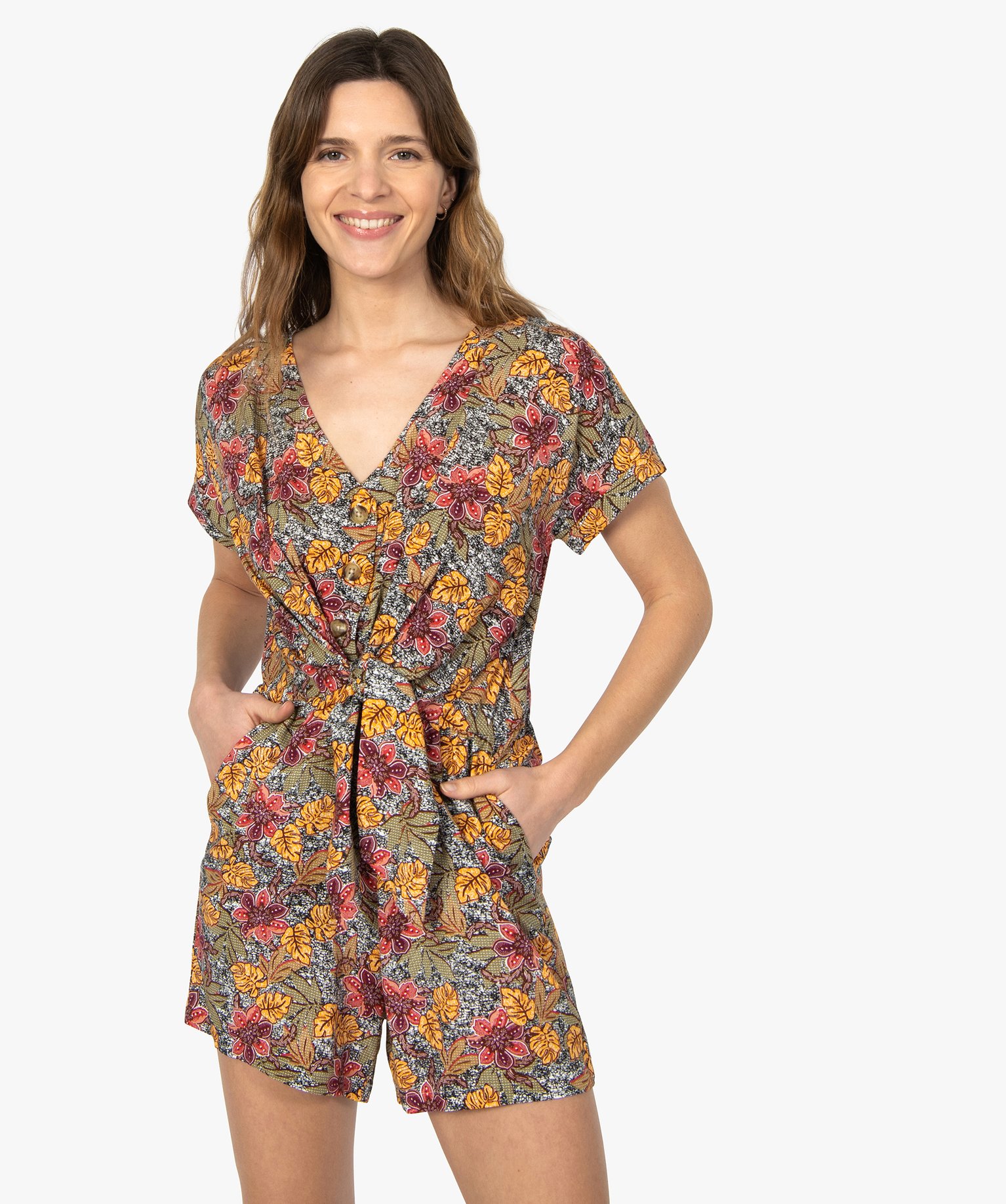 Combishort femme à motifs fleuris boutonné sur l’avant imprime | GEMO