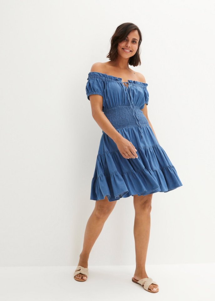 Sommer.-Carmen-Jeanskleid, kurz