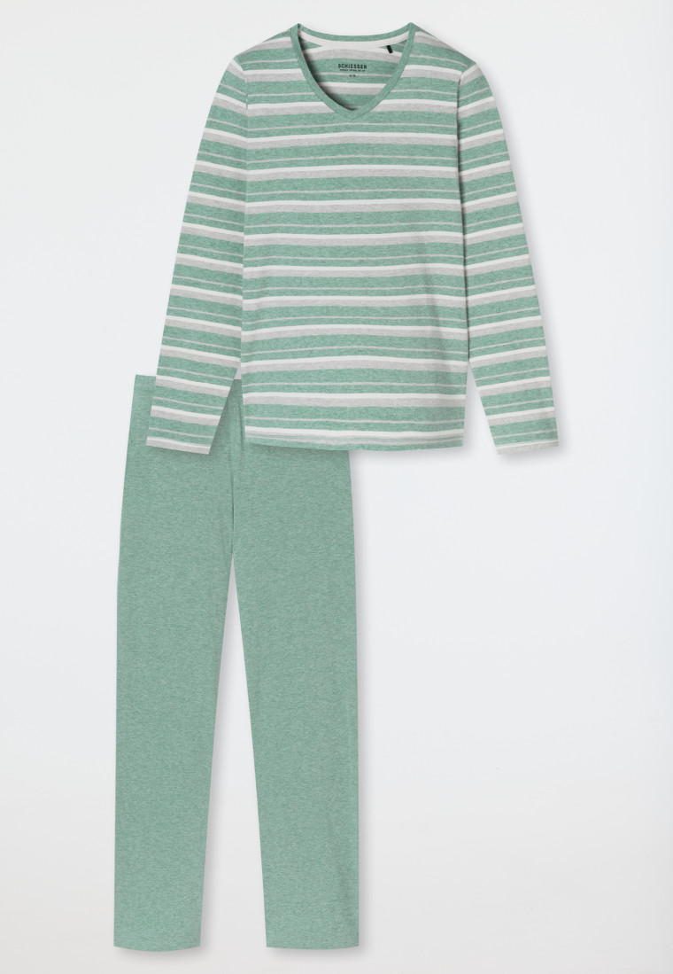 Schlafanzug lang grün meliert - Casual Essentials