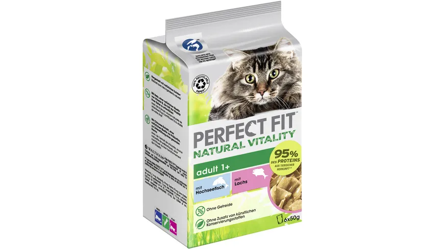 PERFECT FIT™ Katze Portionsbeutel Natural Vitality Adult 1+ mit Hochseefisch und mit Lachs 6 x 50g Multipack 300 g