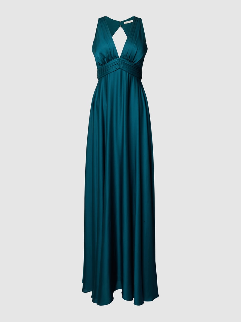 Abendkleid mit Raffungen in dunkelgrün meliert
