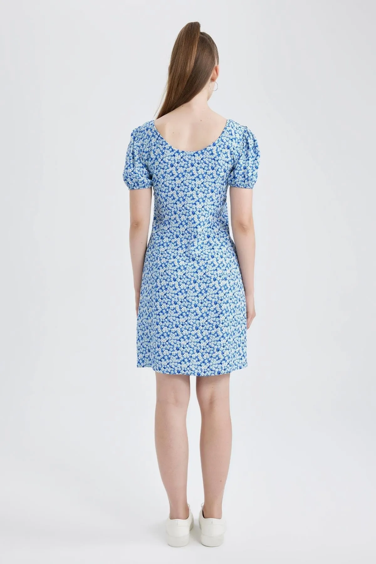 DeFacto  Coool Sweetheart Neck Floral Maroken Kurzarm Minikleid A9484ax23sm