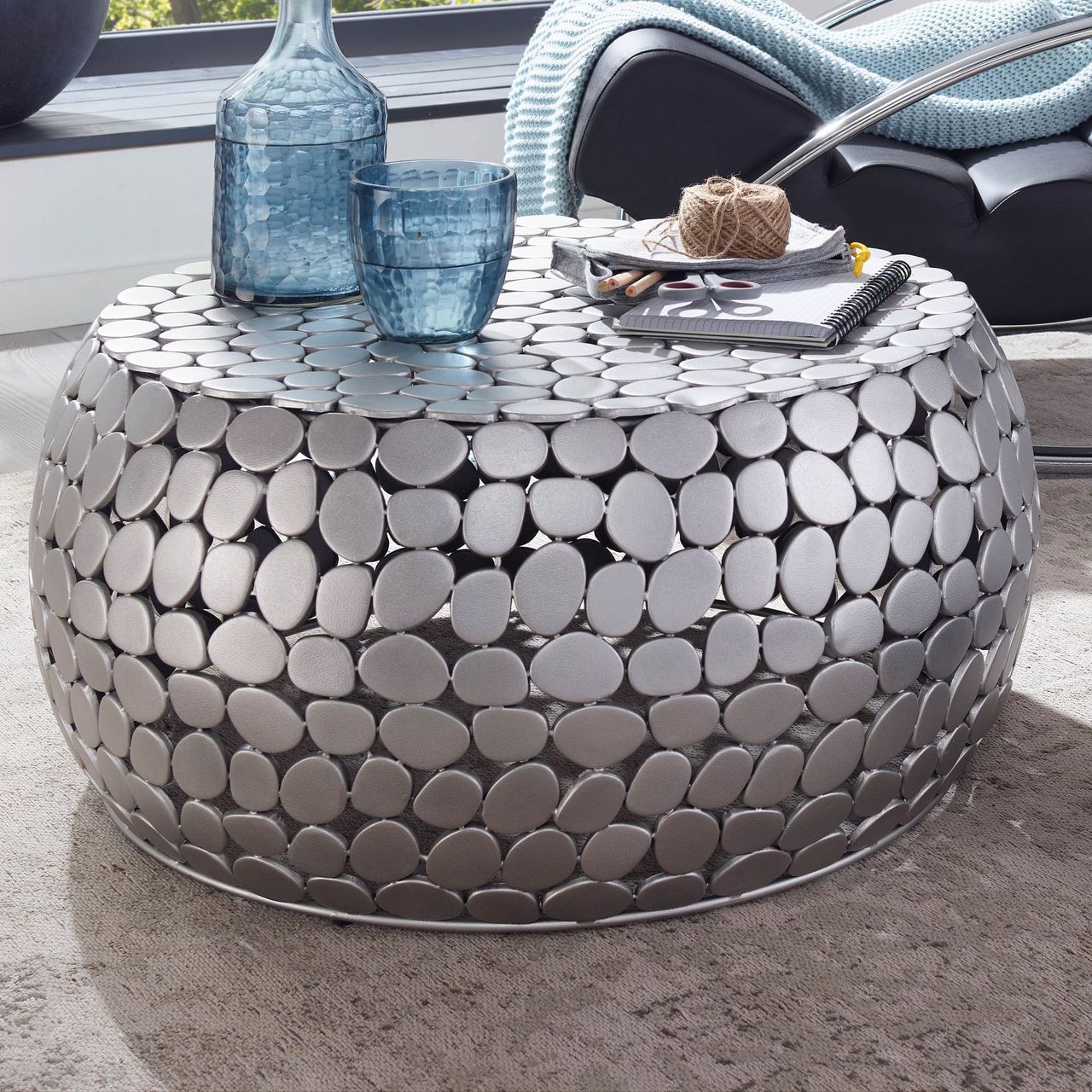 Skyport WOHNLING Couchtisch Metall Silber Sofatisch Ø 66 cm Tisch Wohnzimmertisch Rund