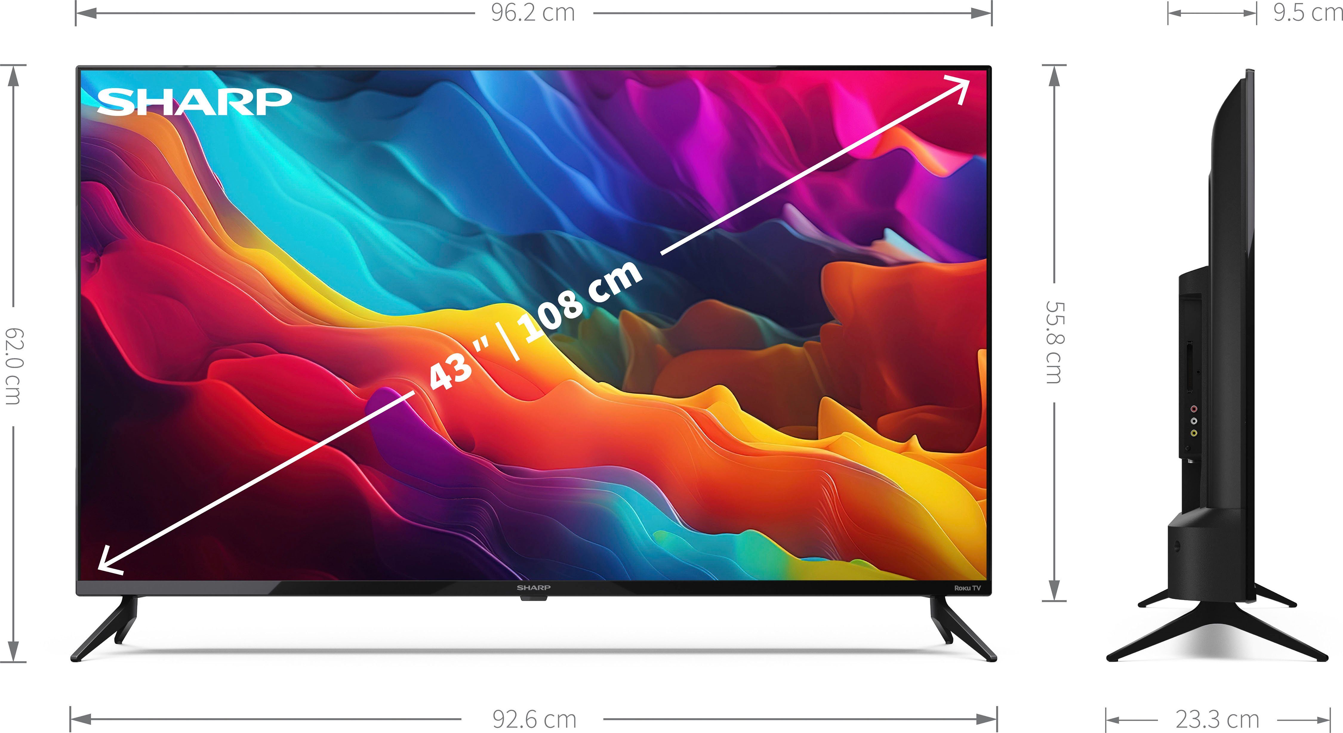 Sharp 43FJ2E LED-Fernseher (108 cm/43 Zoll, 4K Ultra HD, Smart-TV, Roku TV nur in Deutschland verfügbar, Rahmenlos, HDR10, Dolby Digital)