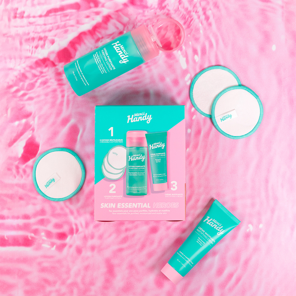Merci Handy Skin Essential Heroes Lotion purifiante, crème matifiante et 3 cotons réutilisables