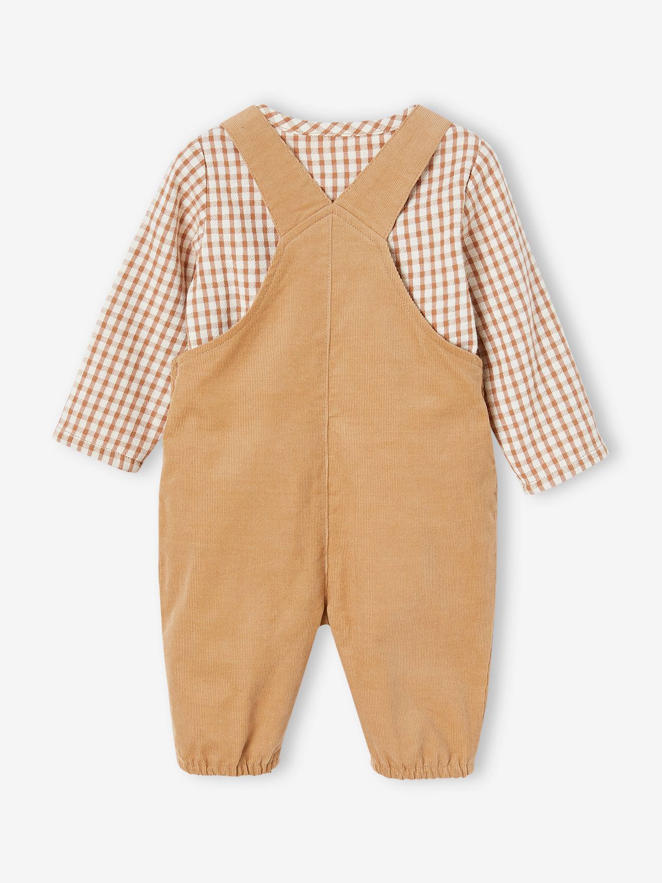 Ensemble bébé salopette en velours et chemise à carreaux taupe